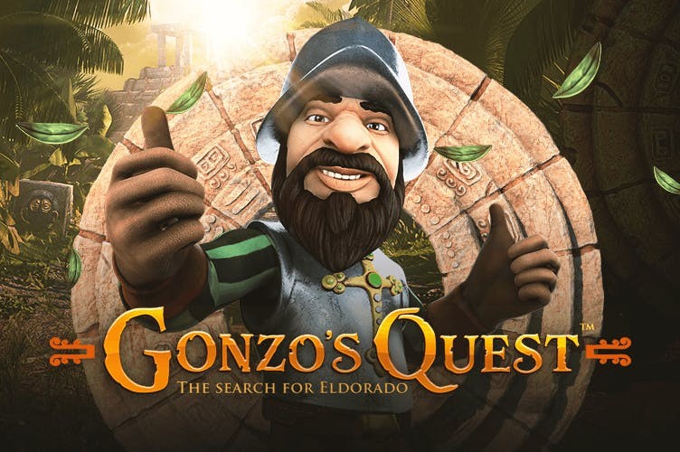 Gonzo's Quest game cover featuring the character Gonzo, a bearded conquistador in armor, giving thumbs up. 