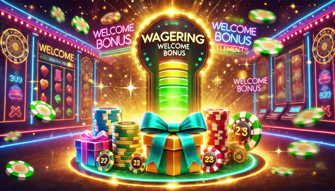 Colorful casino image with poker chips, slot machines, and the text 'Wagering Welcome Bonus' surrounded by glowing lights and flying chips.