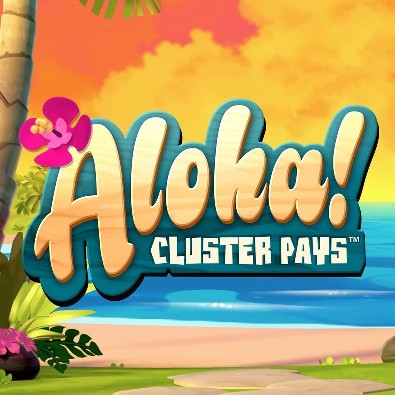 Aloha! Cluster Pays game logo featuring bold tropical-themed text with a pink hibiscus flower, set against a vibrant beach backdrop with palm trees, ocean waves, and a colorful sunset.