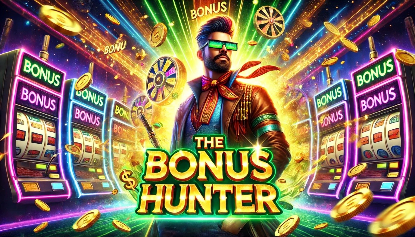 An eye-catching image of 'The Bonus Hunter,' a stylish character in a casino environment surrounded by glowing slot machines labeled 'BONUS,' spinning wheels, and raining gold coins, symbolizing the pursuit of big rewards and jackpots.